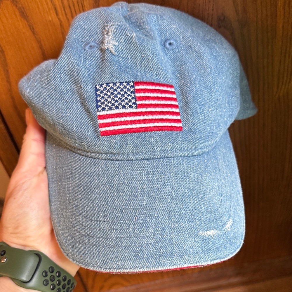 Distressed Denim Cap with American Flag Embroidery